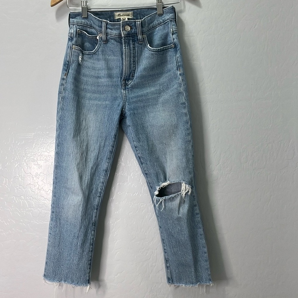 Madewell Blue Ankle Cropped Jeans with Distressed Details